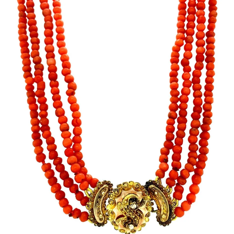 Blood coral necklace with gold clasp 14 krt>Vintage Jewellery Sale