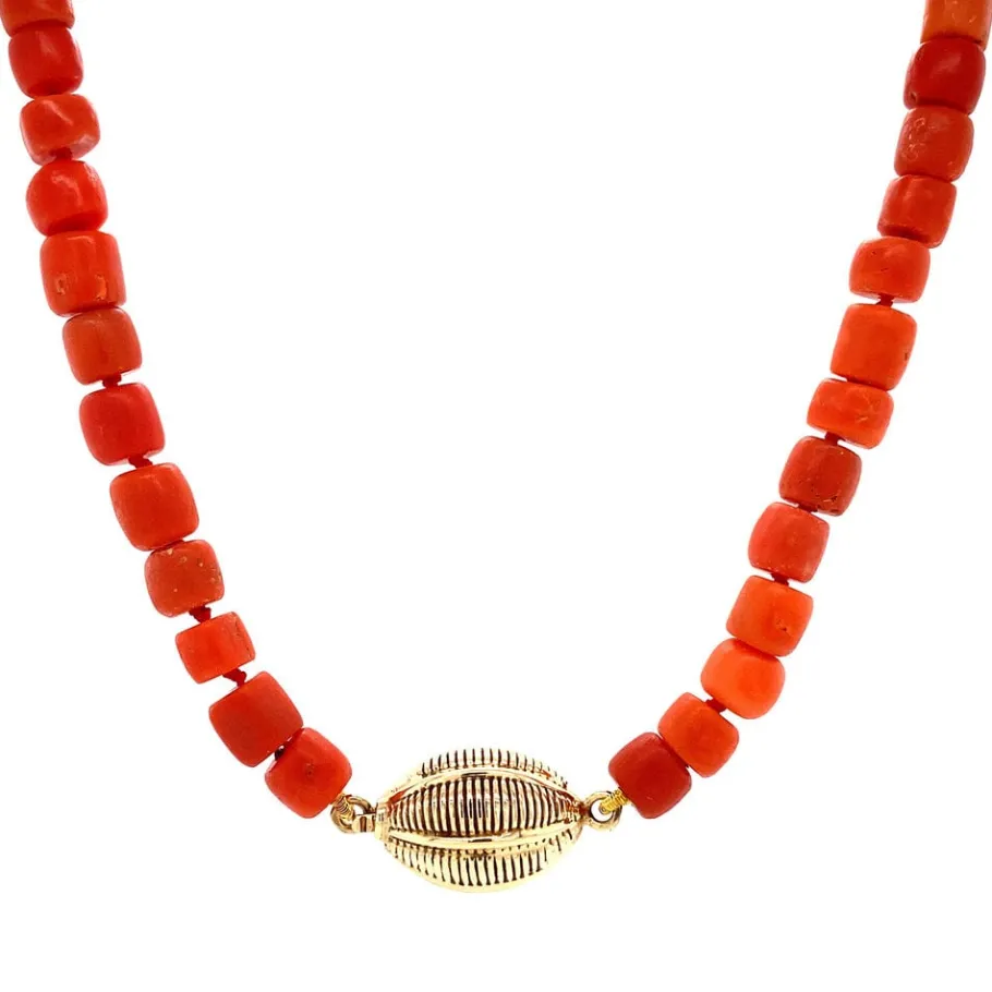 Blood coral necklace with gold clasp 14 krt>Vintage Jewellery Clearance