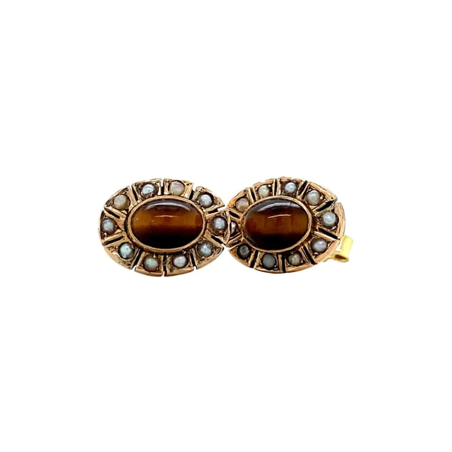 Ear studs with tiger eye and pearl 8 krt>Vintage Jewellery Hot