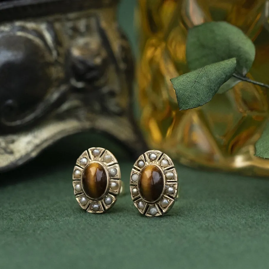Ear studs with tiger eye and pearl 8 krt>Vintage Jewellery Hot