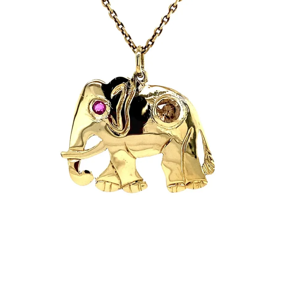 Elephant pendant with ruby and zircon 12 krt>Vintage Jewellery Outlet