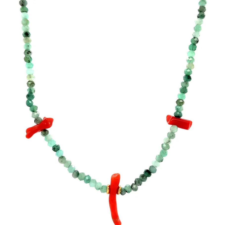 Emerald necklace with blood coral 14 krt>Vintage Jewellery Best