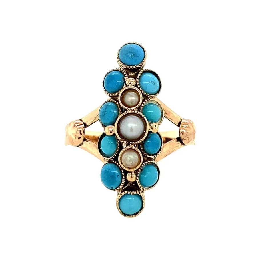 Fantasy ring with turquoise and pearl 12 krt>Vintage Jewellery Discount