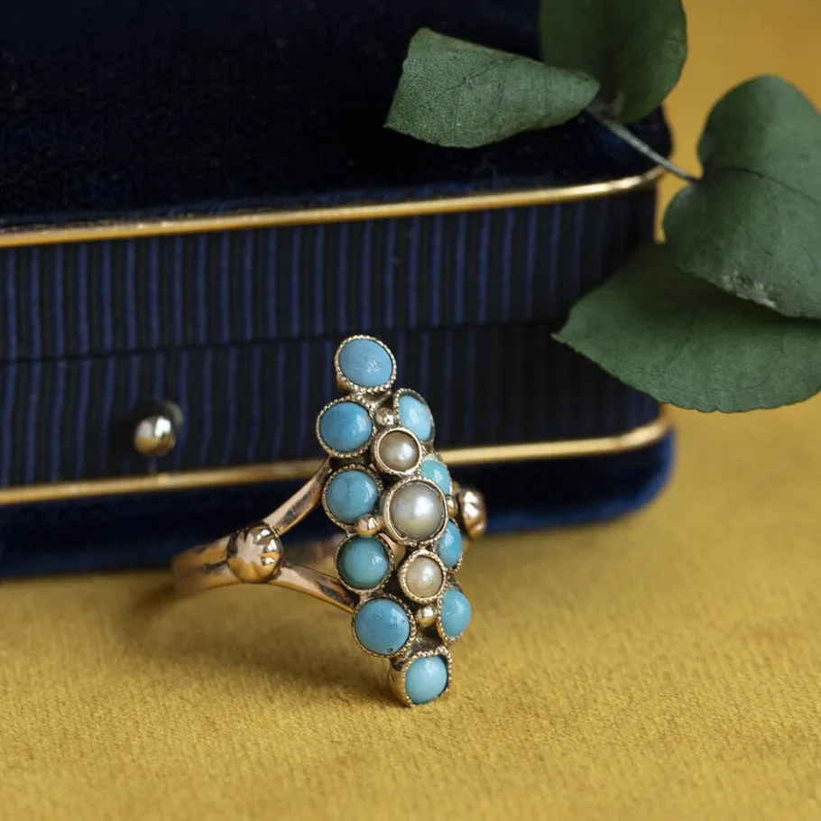 Fantasy ring with turquoise and pearl 12 krt>Vintage Jewellery Discount