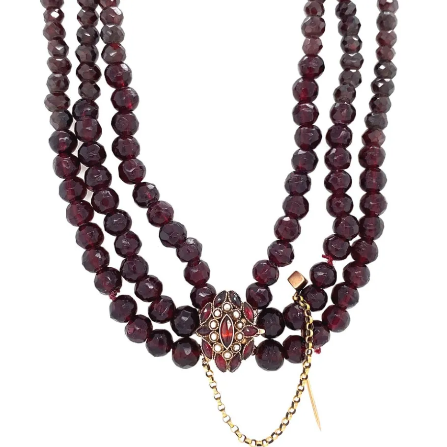 Garnet necklace with gold locket 14 krt>Vintage Jewellery Online