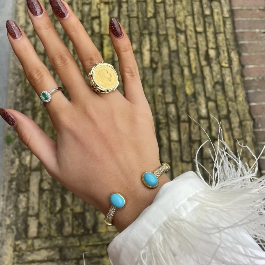 Gold bangle with ceramic and diamond 18 krt>Vintage Jewellery Outlet