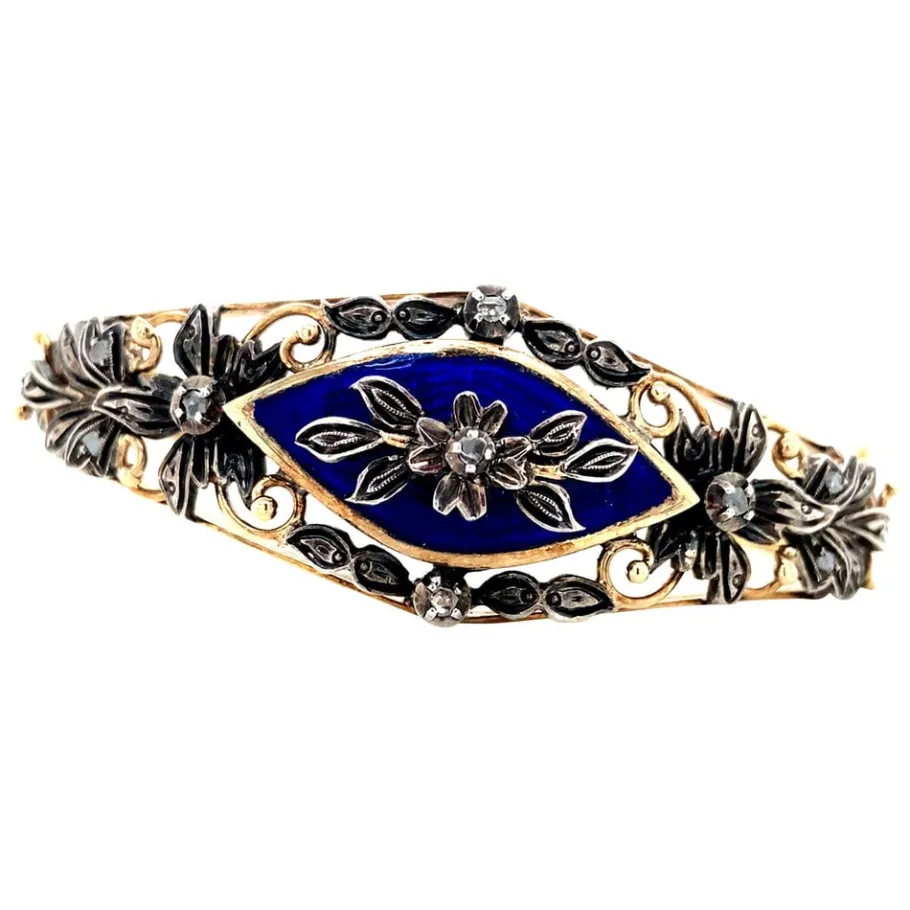Gold bangle with rose diamond and enamel 14 krt/925>Vintage Jewellery Best