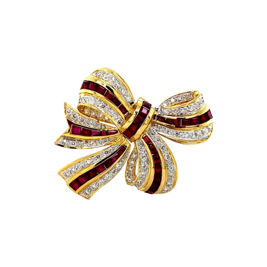 Gold bow brooch with ruby and diamonds 18 krt>Vintage Jewellery Outlet