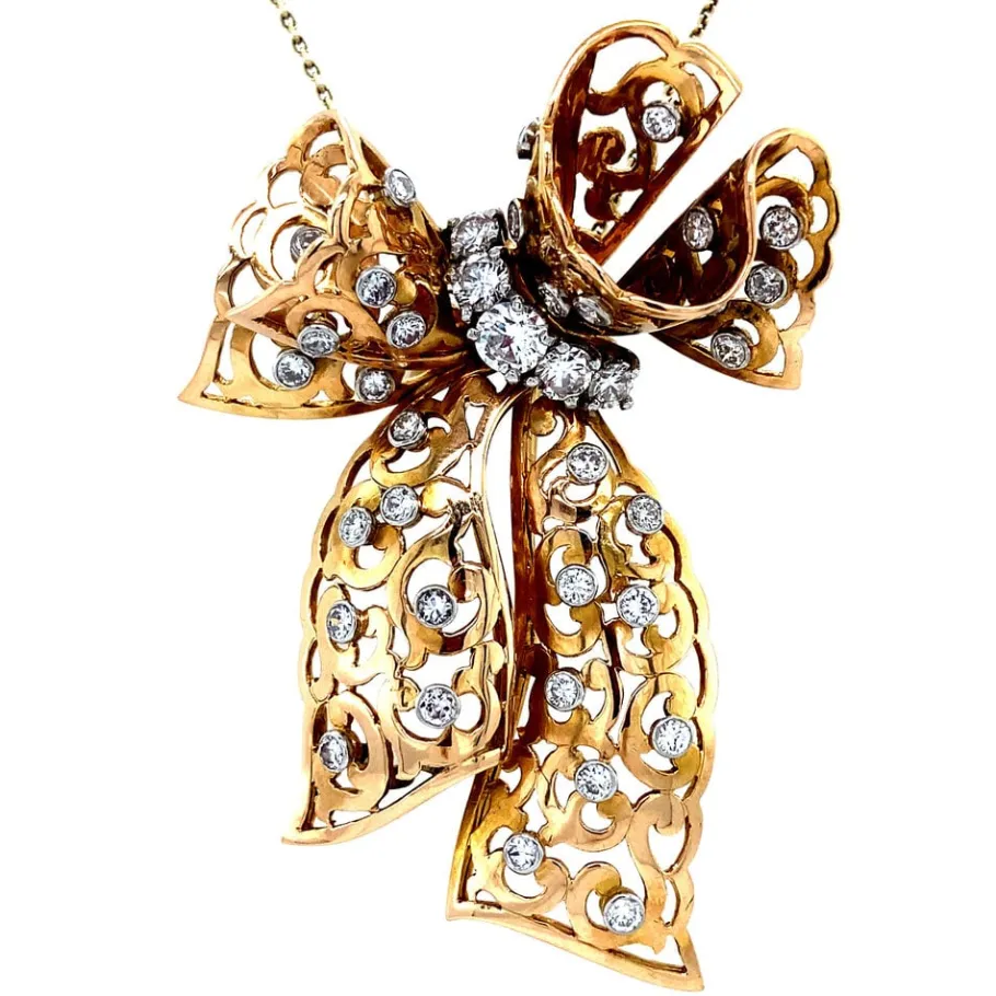Gold bow pendant with diamonds 14 krt/950>Vintage Jewellery Online
