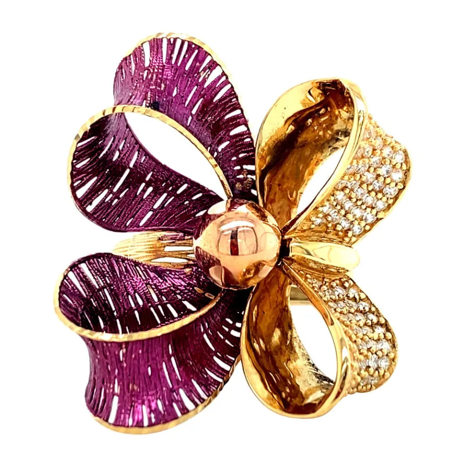 Gold bow ring with enamel and zirconia 18 krt>Vintage Jewellery Fashion