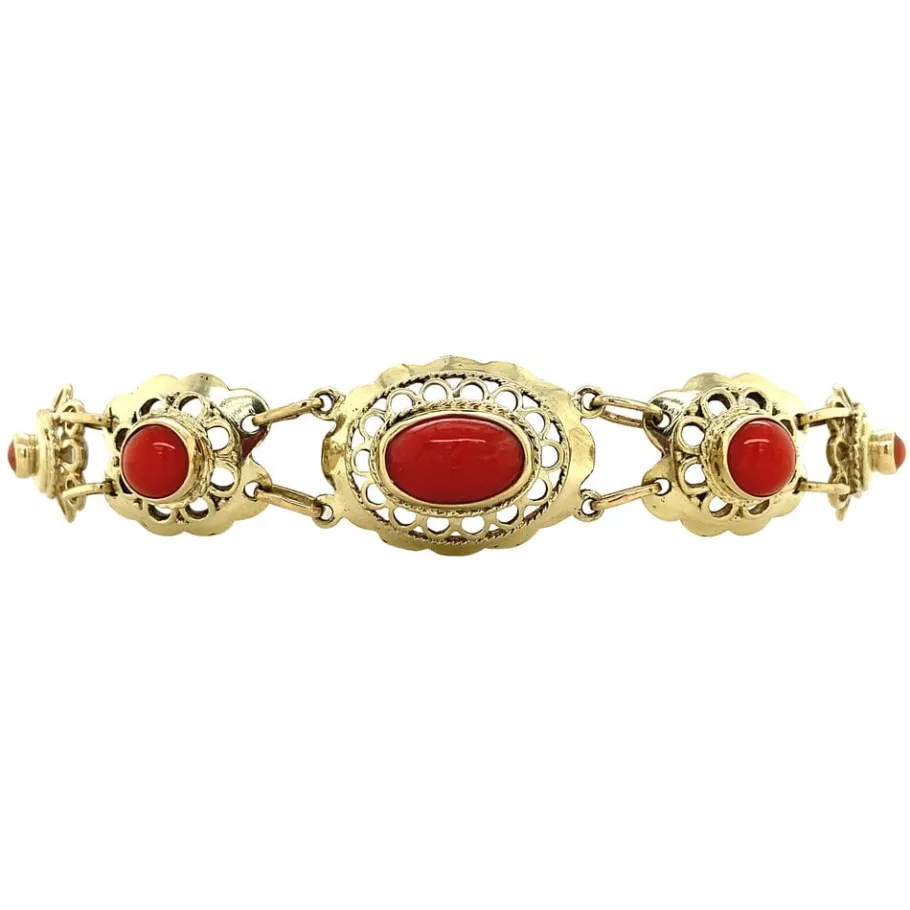 Gold bracelet with blood coral 14 krt>Vintage Jewellery Outlet