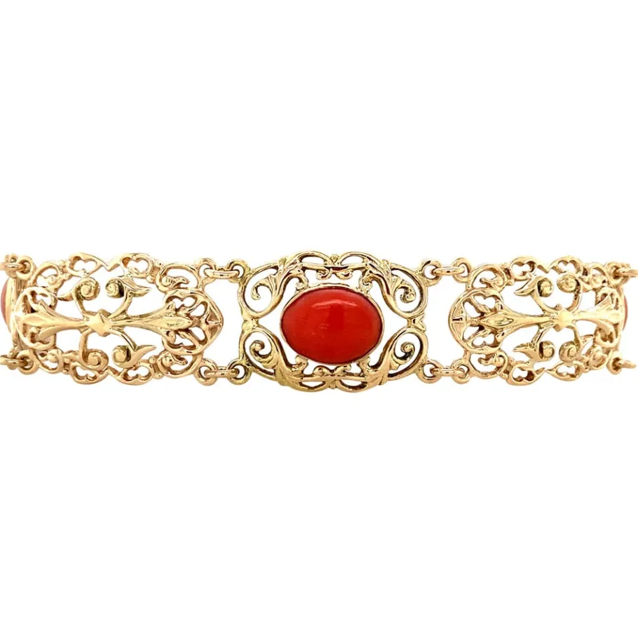 Gold bracelet with blood coral 14 krt>Vintage Jewellery Fashion