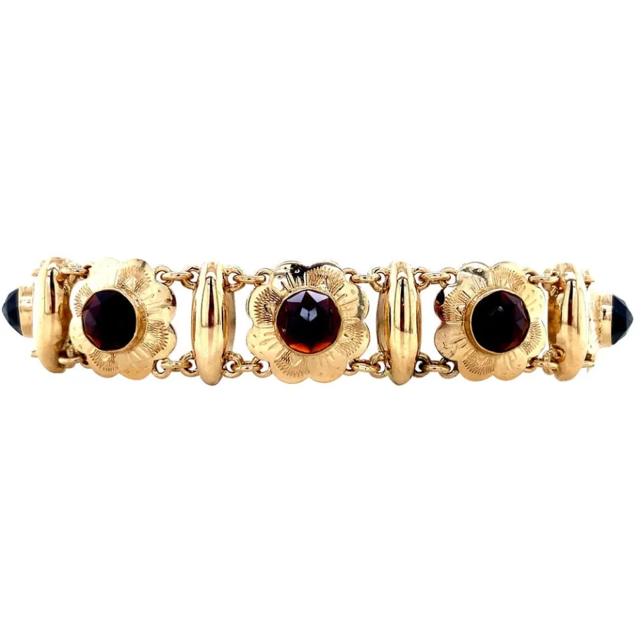 Gold bracelet with garnet 14 krt>Vintage Jewellery Online