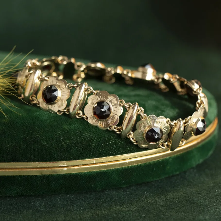 Gold bracelet with garnet 14 krt>Vintage Jewellery Online
