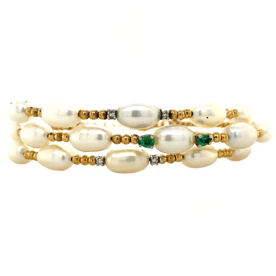 Gold bracelet with pearl, emerald and diamond 18 krt>Vintage Jewellery Hot