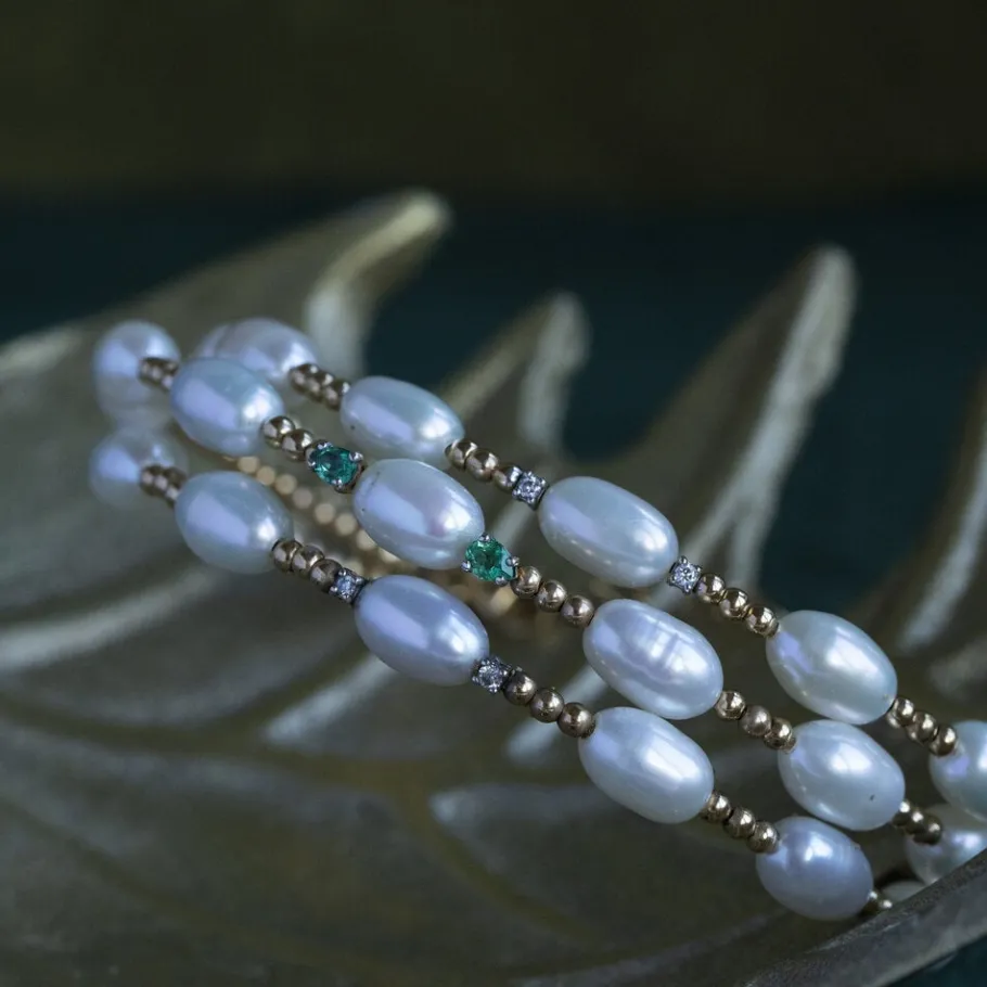 Gold bracelet with pearl, emerald and diamond 18 krt>Vintage Jewellery Hot