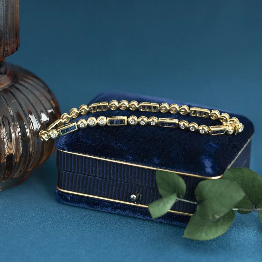 Gold bracelet with sapphire and diamond 18 krt>Vintage Jewellery Fashion