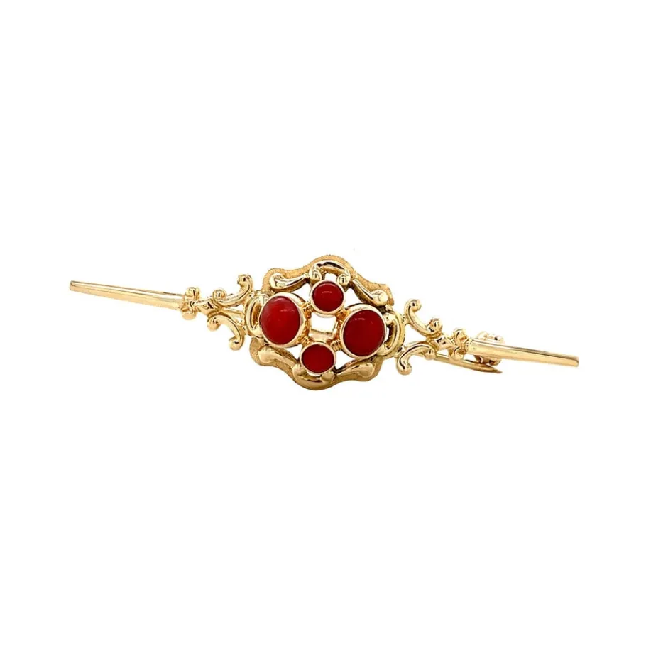 Gold brooch with blood coral 14 krt>Vintage Jewellery Hot