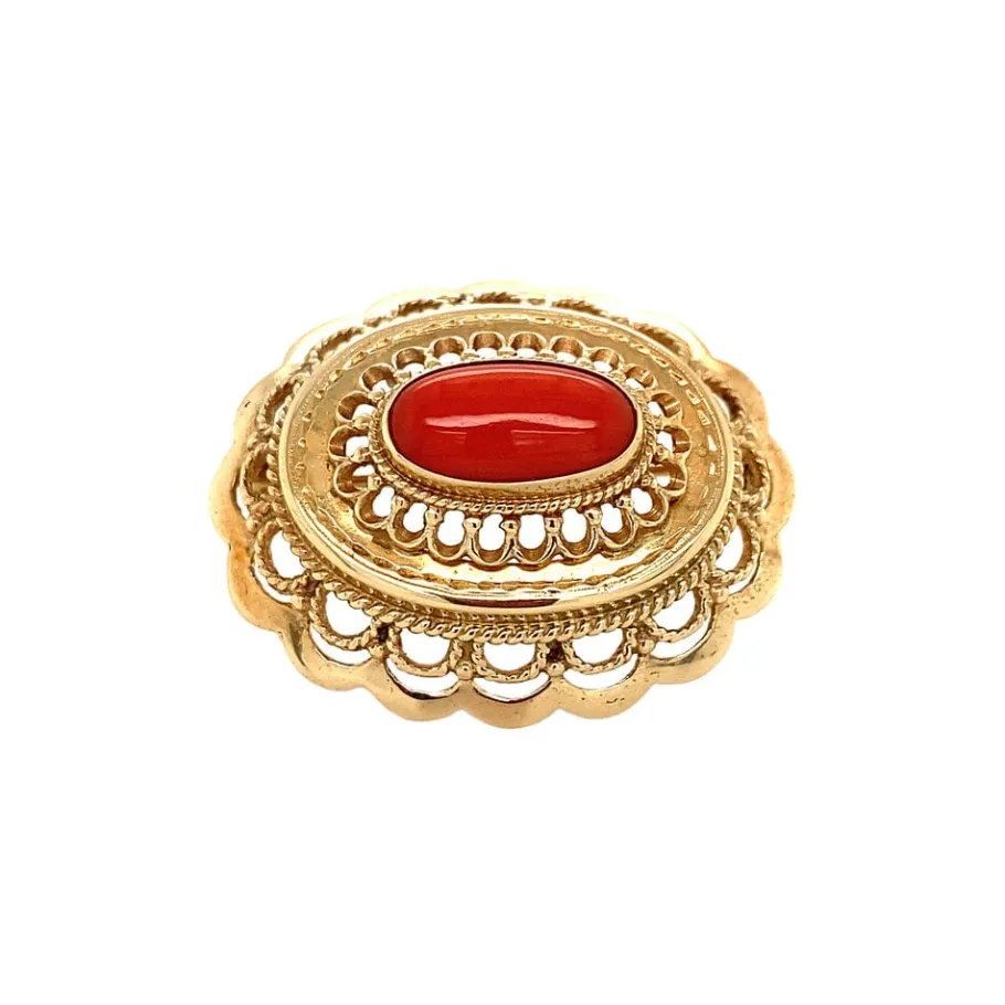 Gold brooch with blood coral 14 krt>Vintage Jewellery Outlet