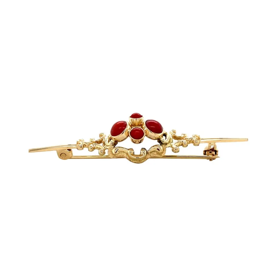 Gold brooch with blood coral 14 krt>Vintage Jewellery Hot