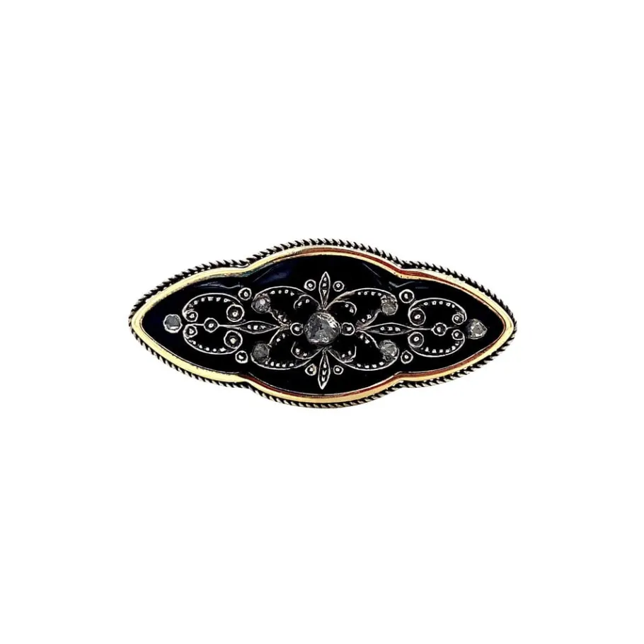 Gold brooch with cobalt glass and rose diamond 14 krt>Vintage Jewellery Sale