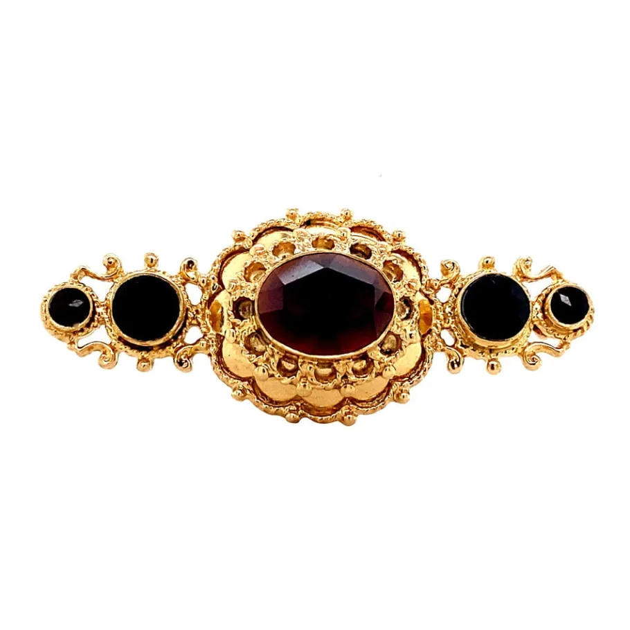 Gold brooch with garnet 14 krt>Vintage Jewellery Outlet