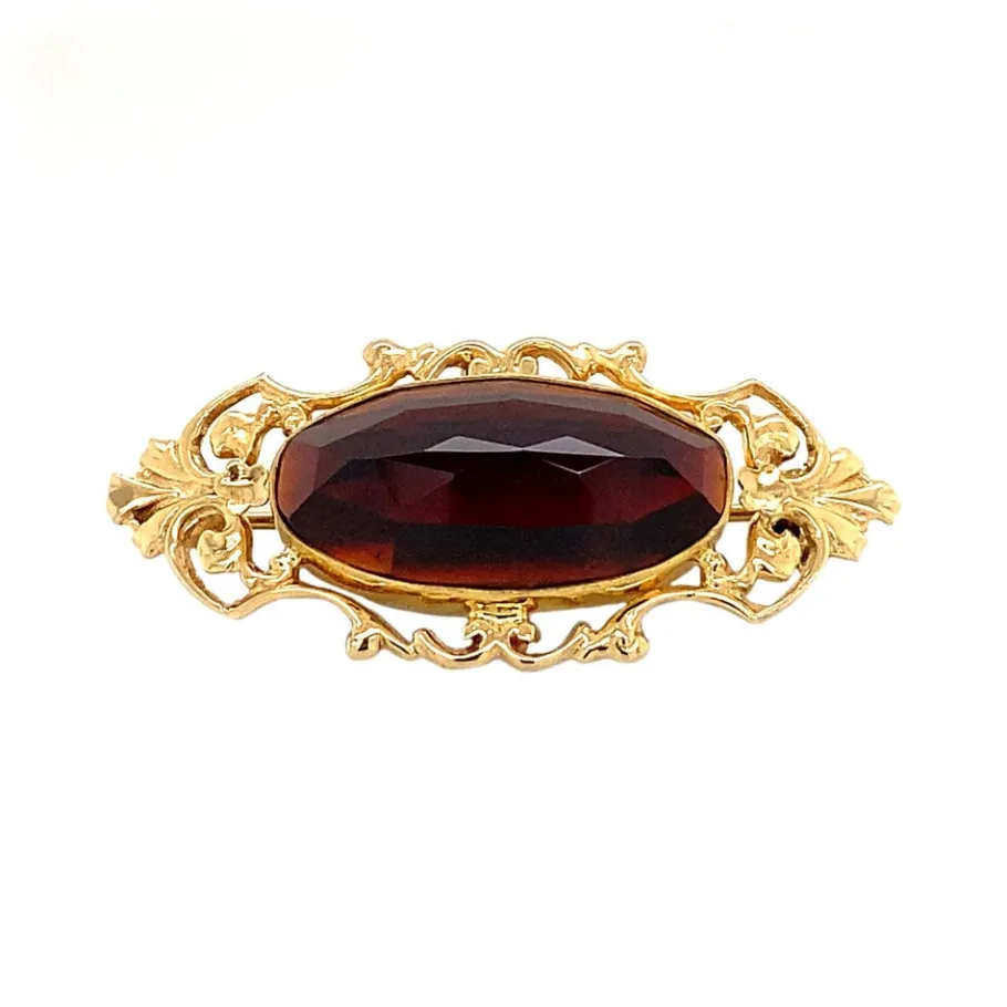 Gold brooch with garnet 14 krt>Vintage Jewellery Online