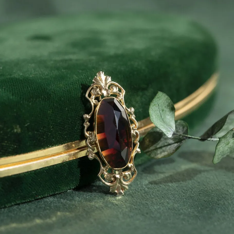 Gold brooch with garnet 14 krt>Vintage Jewellery Online