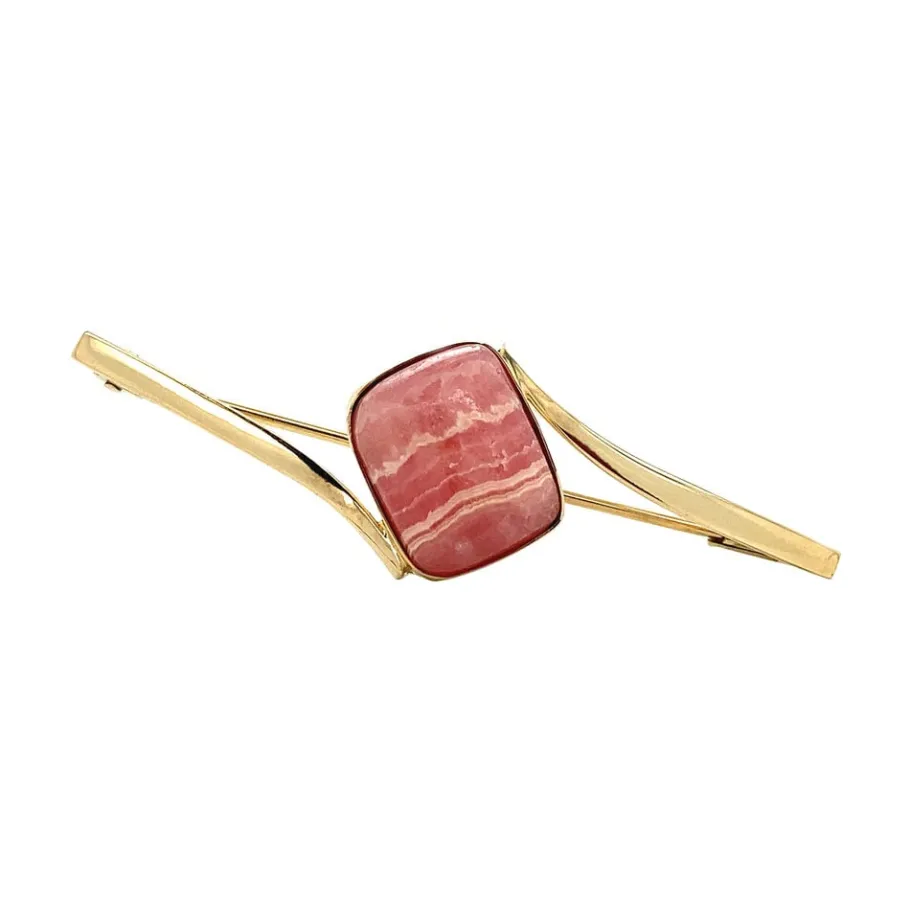 Gold brooch with rhodochrosite 14 krt>Vintage Jewellery Sale