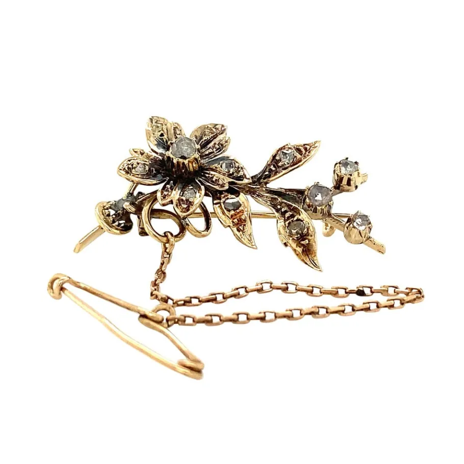 Gold brooch with rose diamond 14 krt>Vintage Jewellery Discount