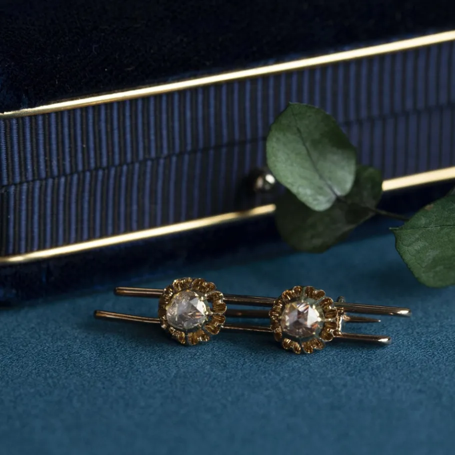 Gold brooch with rose diamond 14 krt>Vintage Jewellery Outlet