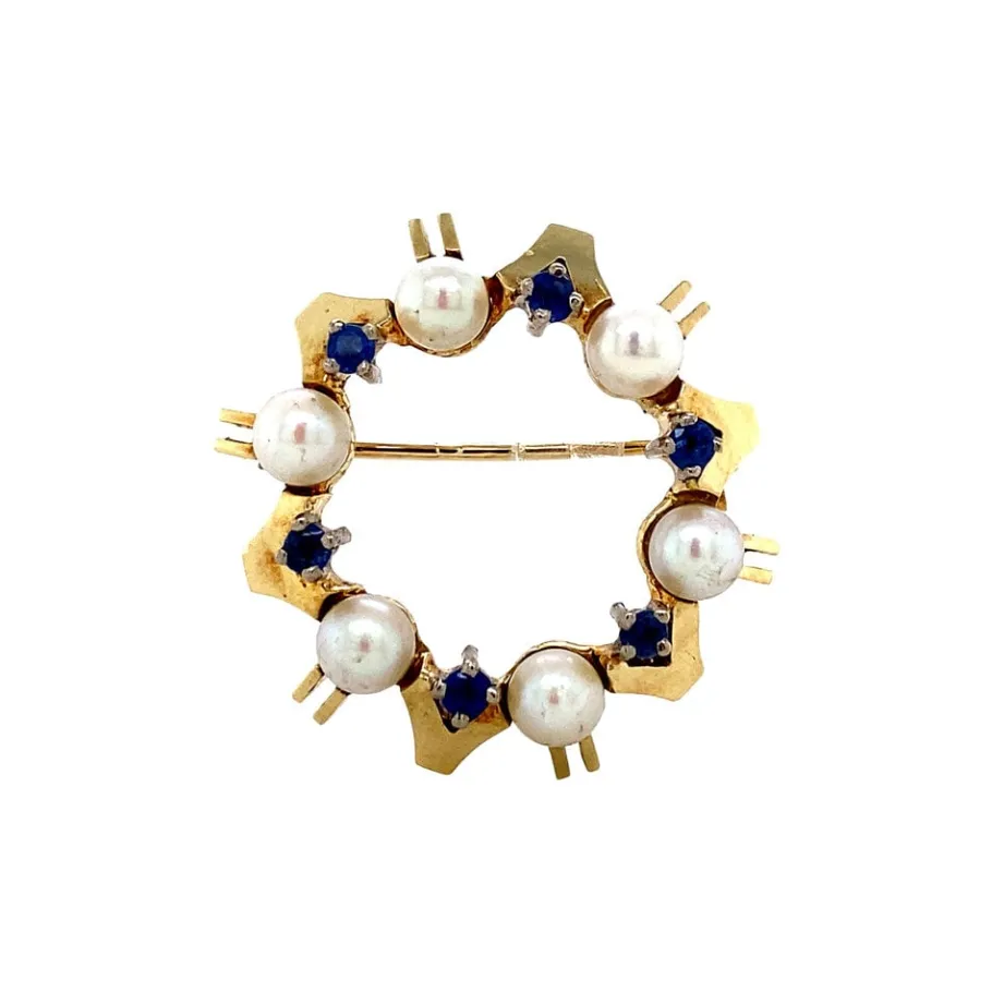 Gold brooch with sapphire and pearl 14 krt>Vintage Jewellery Clearance