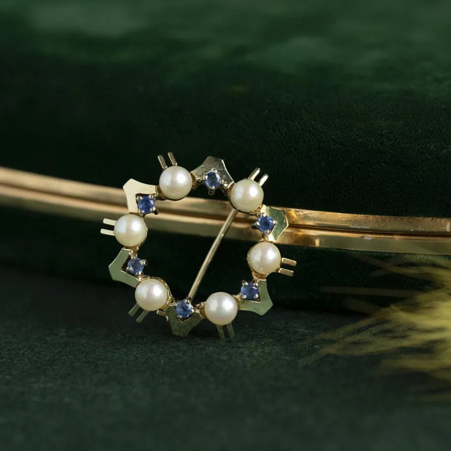 Gold brooch with sapphire and pearl 14 krt>Vintage Jewellery Clearance