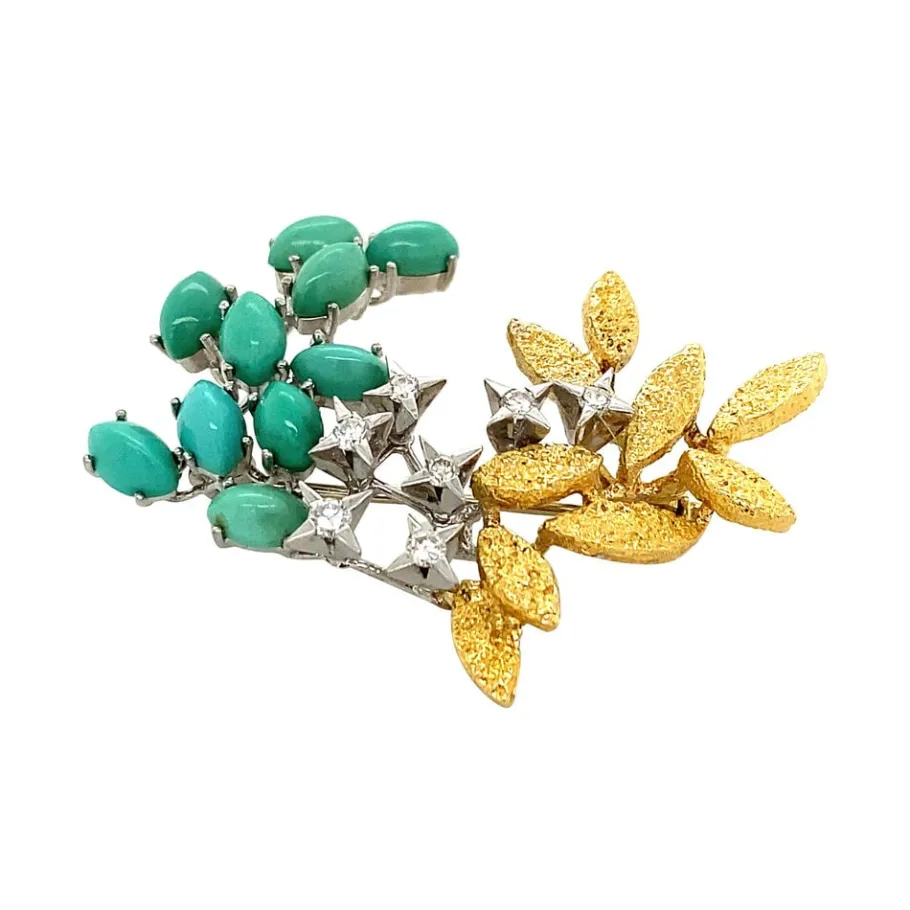 Gold brooch with turquoise and diamonds 18 krt>Vintage Jewellery Sale