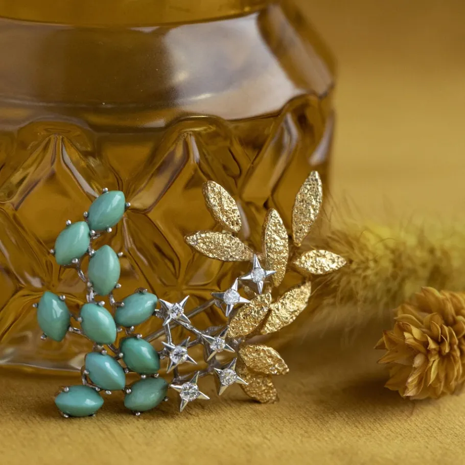 Gold brooch with turquoise and diamonds 18 krt>Vintage Jewellery Sale