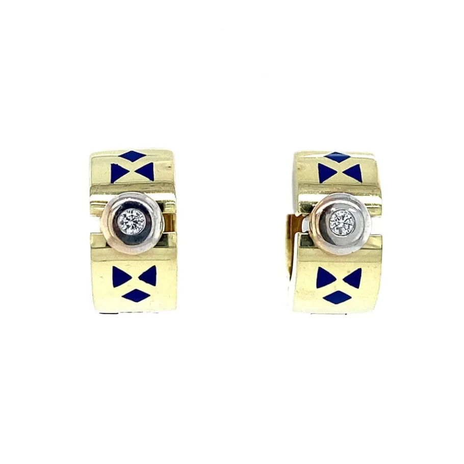 Gold creoles with diamond and enamel 14 krt>Vintage Jewellery Best