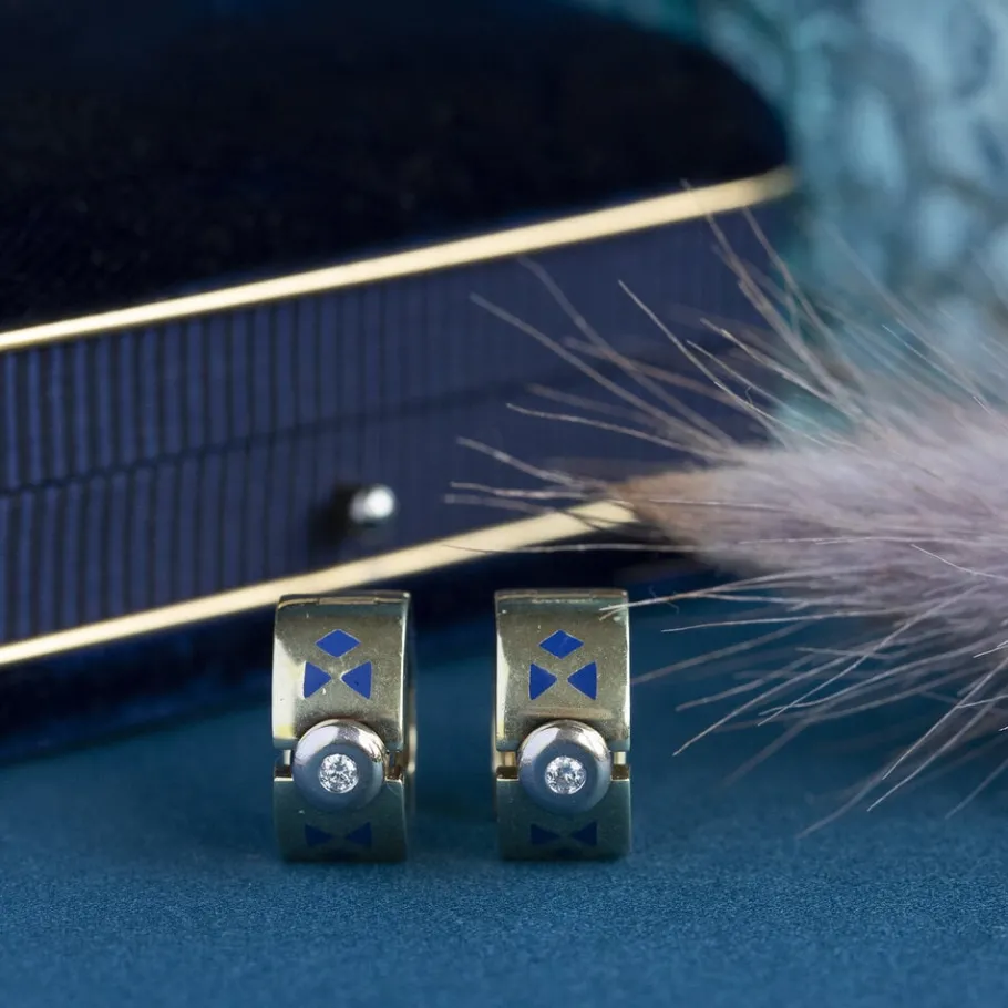 Gold creoles with diamond and enamel 14 krt>Vintage Jewellery Best