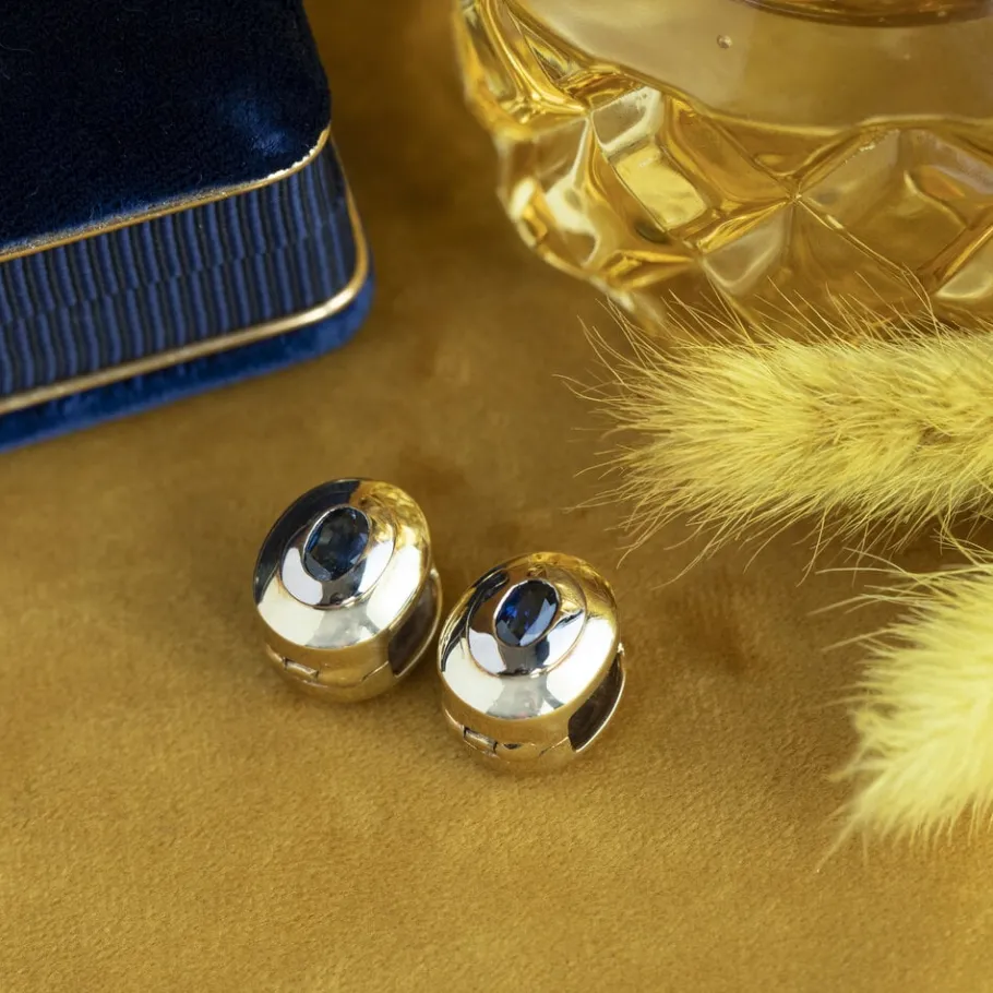 Gold creoles with sapphire 14 krt>Vintage Jewellery Discount