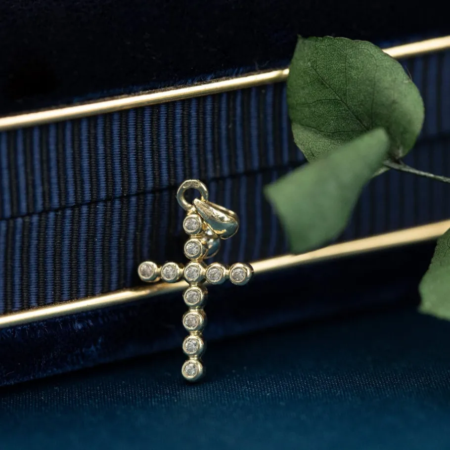Gold cross pendant with diamond 14 krt>Vintage Jewellery Sale