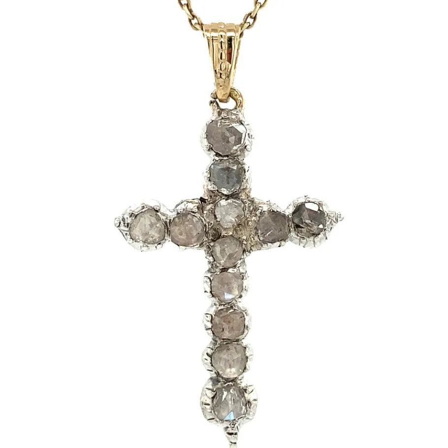 Gold cross pendant with rose diamond 14 krt/925>Vintage Jewellery Outlet
