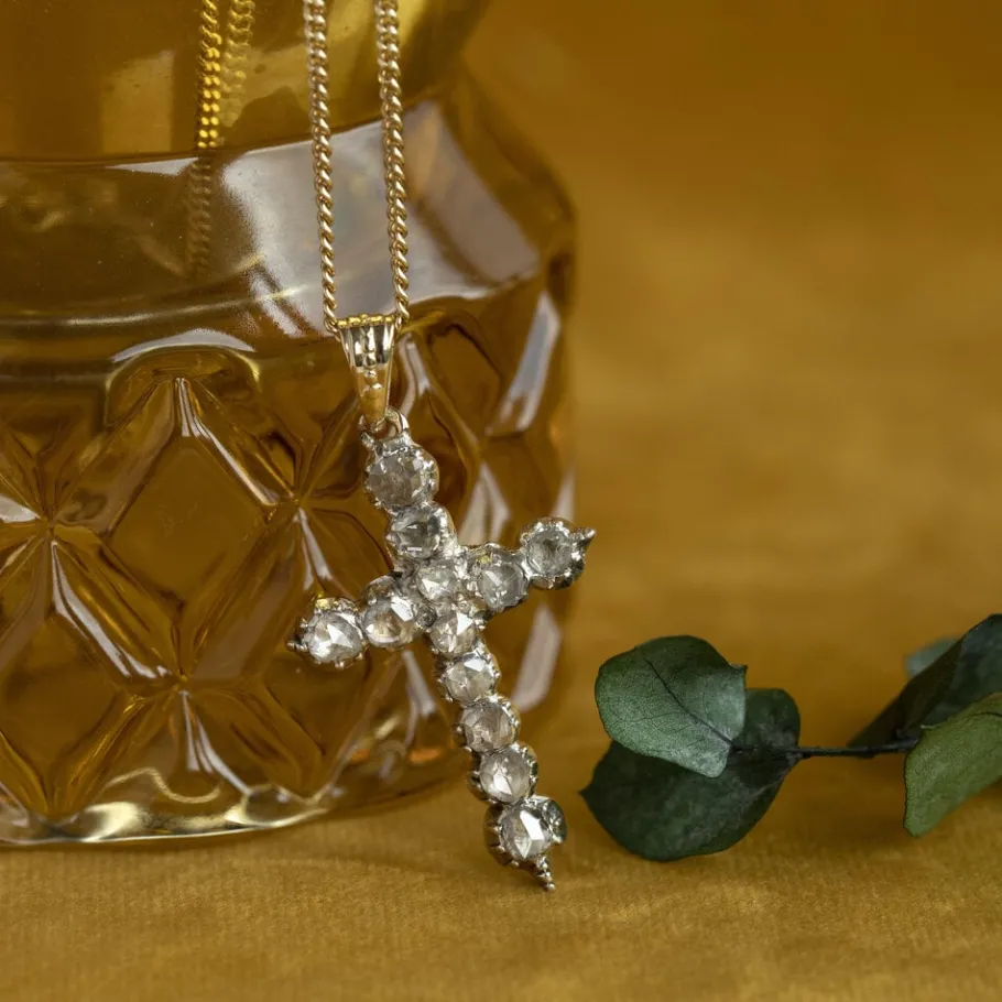 Gold cross pendant with rose diamond 14 krt/925>Vintage Jewellery Outlet