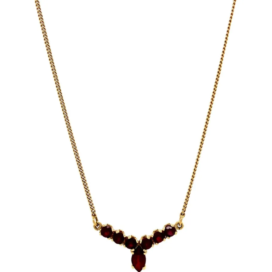 Gold curb necklace with garnet pendant 14 krt>Vintage Jewellery Online