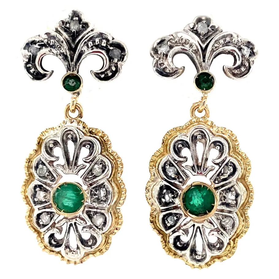 Gold ear clips with rose diamond and emerald 18 krt/835>Vintage Jewellery Outlet