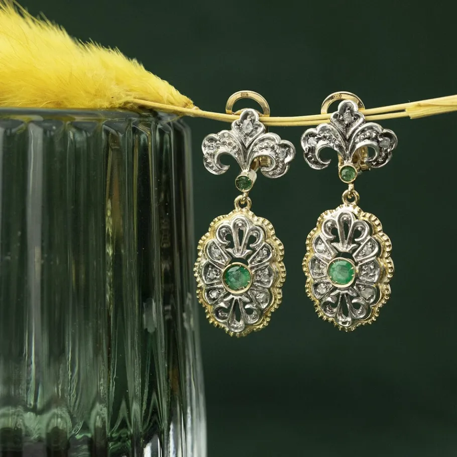 Gold ear clips with rose diamond and emerald 18 krt/835>Vintage Jewellery Outlet