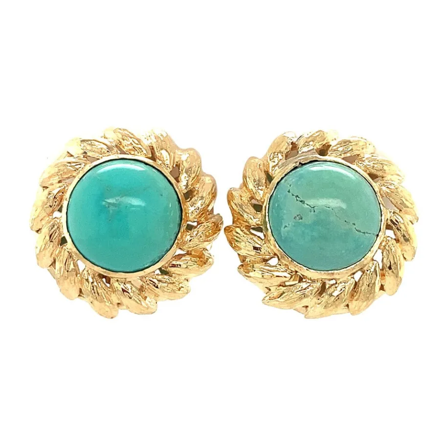 Gold ear clips with turquoise 14 krt>Vintage Jewellery Sale