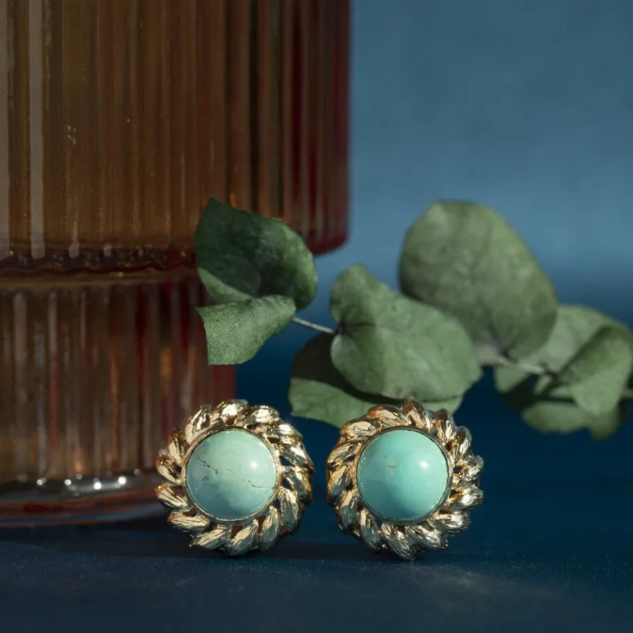 Gold ear clips with turquoise 14 krt>Vintage Jewellery Sale