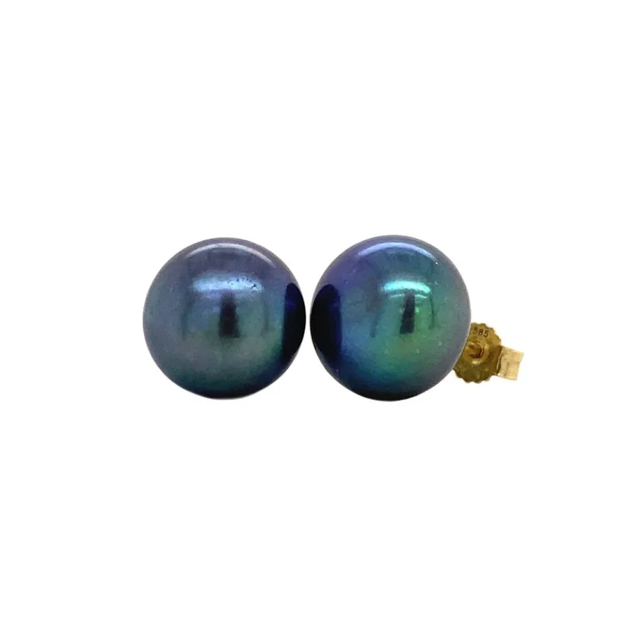 Gold ear studs with black pearl 14 krt>Vintage Jewellery Discount
