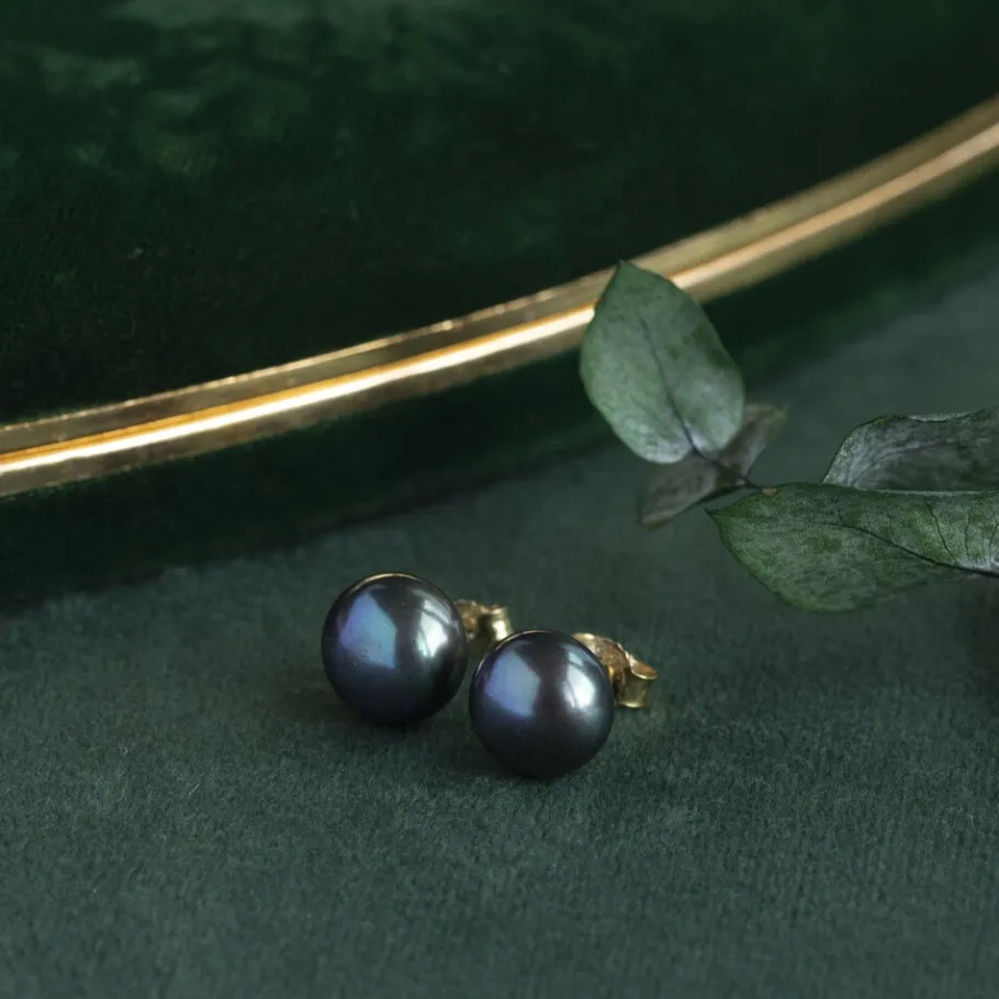 Gold ear studs with black pearl 14 krt>Vintage Jewellery Discount