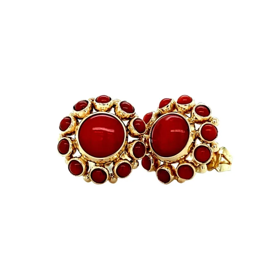 Gold ear studs with blood coral 14 krt>Vintage Jewellery New