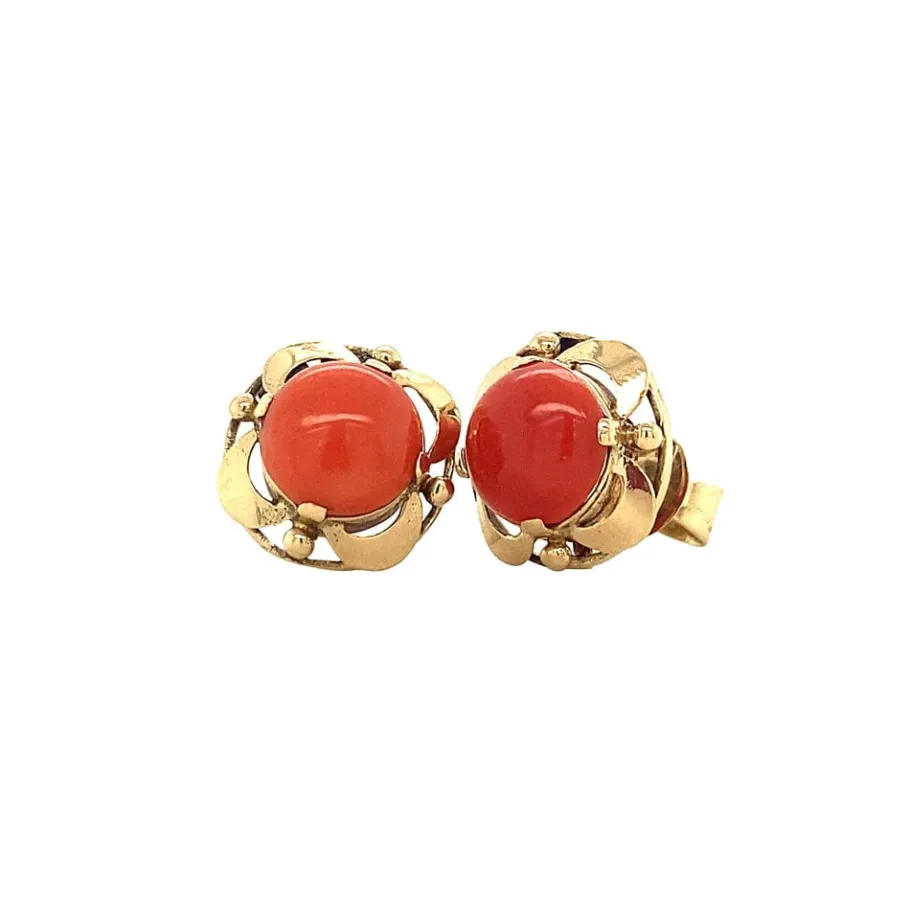 Gold ear studs with blood coral 14 krt>Vintage Jewellery Outlet